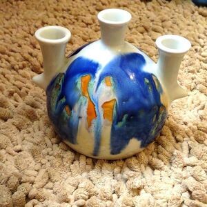 Kravec Studios Hand Thrown Pottery Blue Abstract 3 hole vase or Candle Holder‎